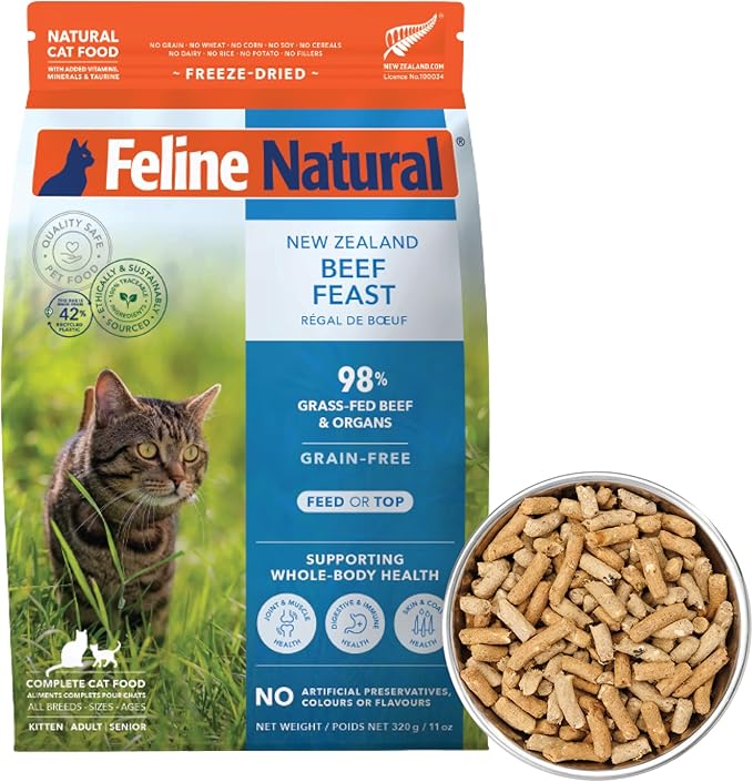 Feline Natural High Protein Dry Cat Food, Freeze-Dried Diet with 98% Meat, Organs & Seafood, No Peas, Grains, or Artificial Additives, Made in New Zealand, Beef, 11oz