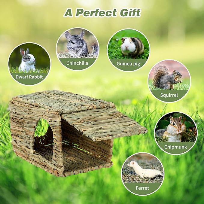 BWOGUE 2 Pack Grass Bunny House Natural Hand Woven Seagrass Hideaway Toy Hay Mat Chew Hut for Bunny Hamster Chinchilla Guinea Pigs Small Animals
