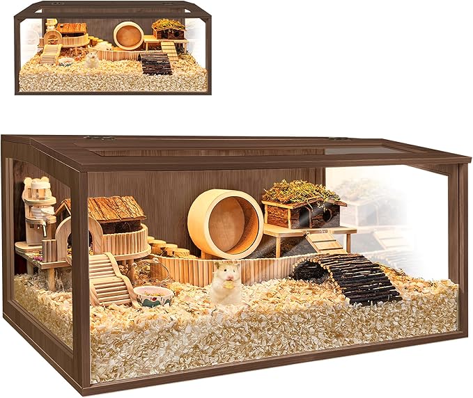 PROLEE Hamster Cage with Chewproof Wood Top,Guinea Pig Cages, Hamster Habitat with Clear Acrylic Sheets Solid Built, Small Animal Cage (Walnut, 48X20X20 inch)