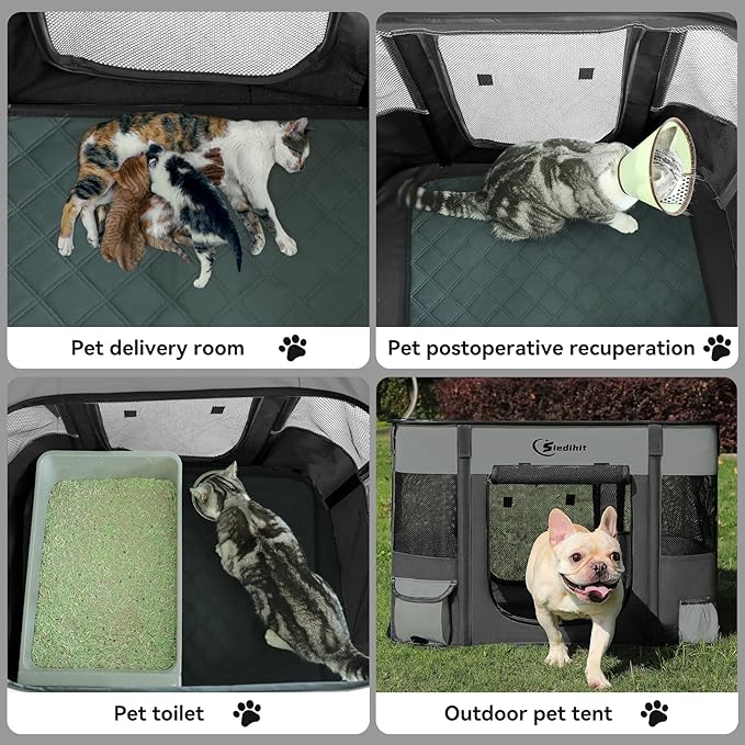 Dog Cat Playpen, Pet Puppy Portable Pens for Outdoor Travel Crate, Indoor After Surgery Use, Foldable Dog Kennel Tent for Rabbit or Small Animals and Tent Stakes(Dark Grey, Middle)