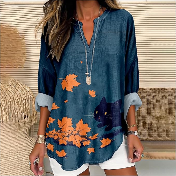 MARSVOVO Cat Shirts for Women Long Sleeve Cute Cat Pullover Graphic Novelty V Neck Blouse Oversized Funny Tunic Tops