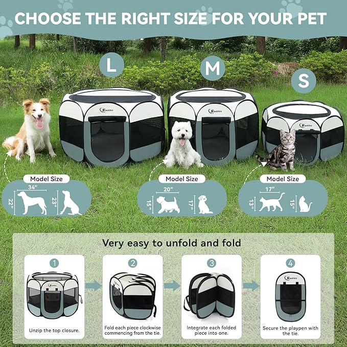 Dog Playpen with Washable Pee Pad, Puppy Pet Cat Playpen Small Dogs Tent Crate Indoor/Outdoor, Portable Pop Up Kennel with Carrying Case for Cats/Rabbits(Grey,Small with pad)