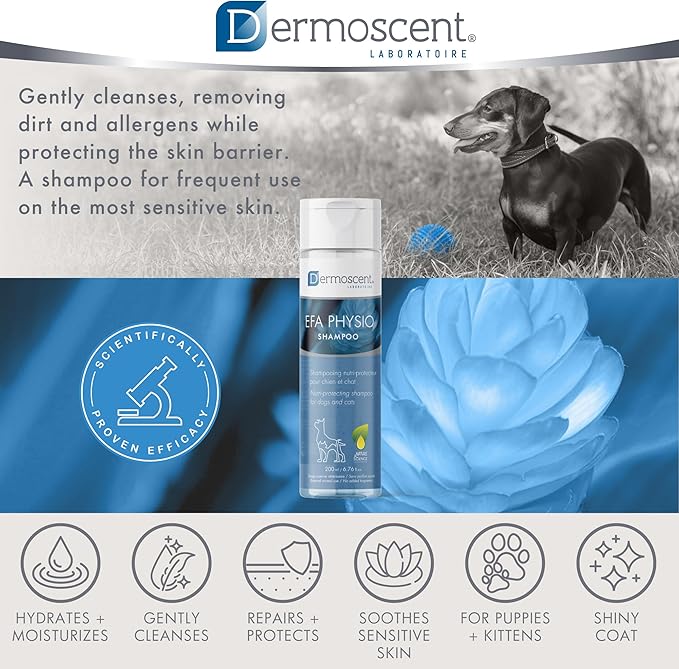 Dermoscent EFA Physio Shampoo for Dogs & Cats - Gentle Natural Ingredients for Frequent Bathing Allergies & Itchy Skin Relief - Soothes Dermatitis & Atopic Skin - 200 ml