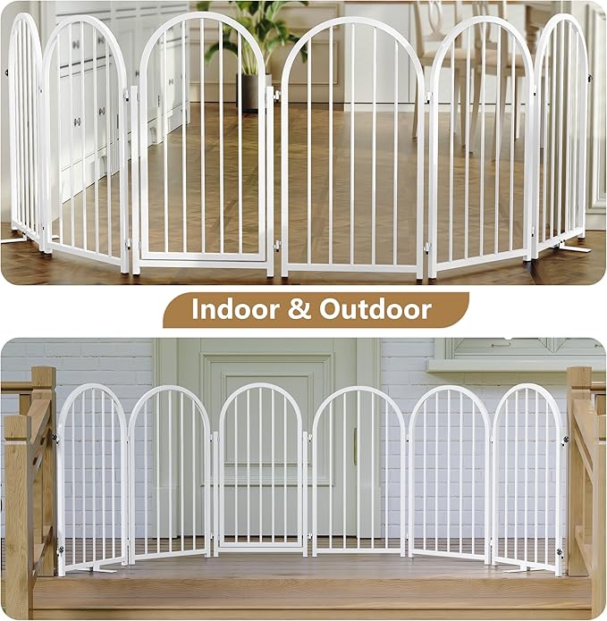 Full Metal Dog Gate with Door for Indoor Outdoor, 32" Tall Free Standing Pet Dog Fence, 108" Extra Wide Pet Gates for Stairs, Hallways, Doorways, Kitchen, Decks, Yards (White, 6 Panels)