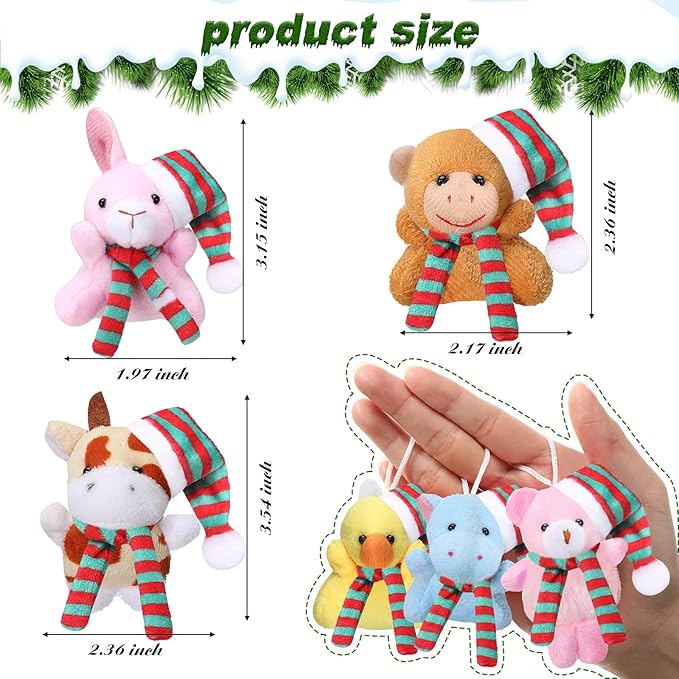 Skylety 50 Pcs Mini Christmas Stuffed Animals Bulk Small Christmas Tree Decorations Tiny Cute Plush Keychain Doll Toy for Holiday Xmas Party Favor Gift Classroom Prizes(Assorted Animals,Vivid Color)