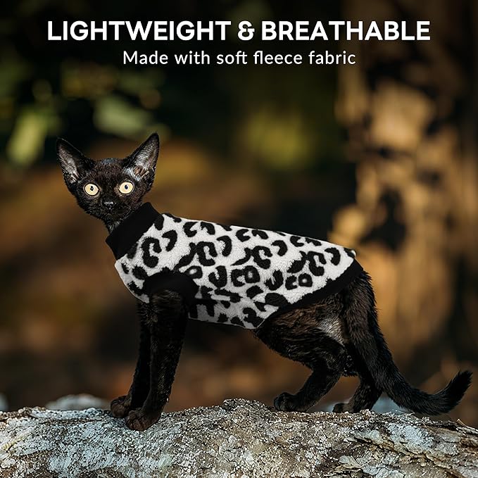 PUMYPOREITY Winter Warm Cat Sweater - Super Soft & Elastic Knit with Plush Fleece, Easy-On Design with Ribbed Neck & Cuffs, Stretchy Cat Outfit for Indoor/Outdoor Use,Black Leopard, S