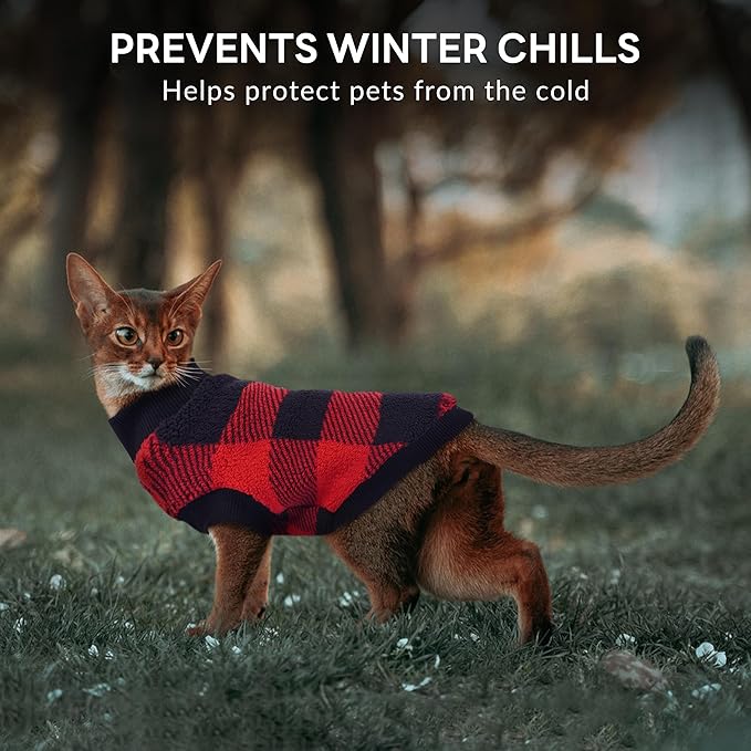 PUMYPOREITY Christmas Sweater for Cats, Winter Warm Cat Sweater - Super Soft & Elastic Knit with Plush Fleece, Easy-On Cozy Cat Outfit for Indoor/Outdoor,Red, L