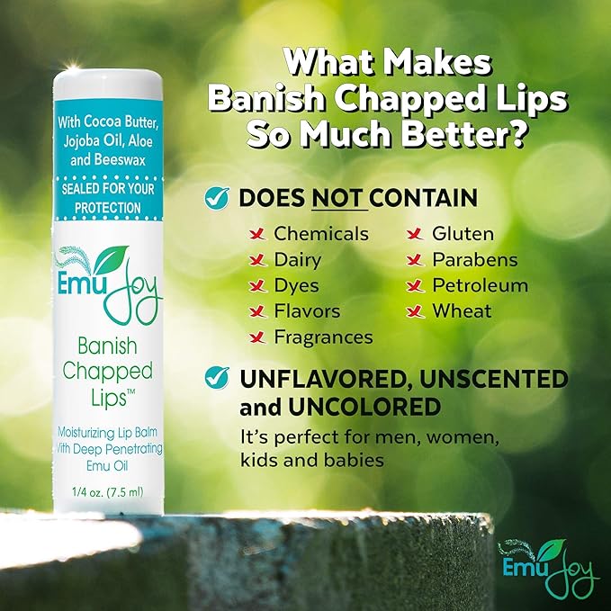 Emu Joy - Natural and Organic Emu Oil Lip Balm Hydrating, Pocket-Size Unflavored & Unscented Lip Balm with Emu Oil - Best for Severely Chapped Lips