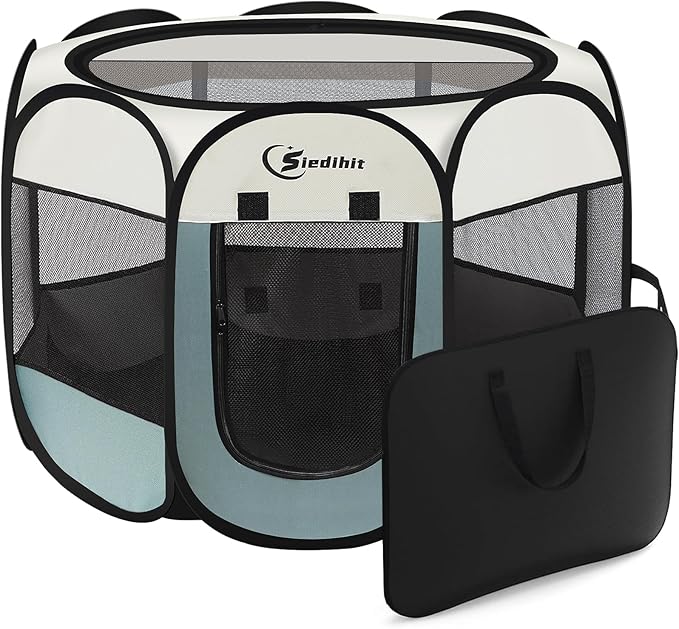 Large Dog Cat Playpen, Puppy Pet Playpen Indoor for Small Dog Crate Tent Cage Outdoor, Portable Pop Up Dogs Enclosure Kennel with Carrying Case for Dogs/Cats/Rabbits, Grey