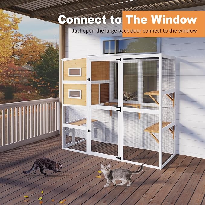 Catio Outdoor Cat Enclosure, Large 4 Tiers Cat Catio Connect to Window for Outdoor Indoor Cats with Weatherproof Roof, Resting Rooms, Platforms, Large Door, 76" L x 32.9" W x 70.8" H, White