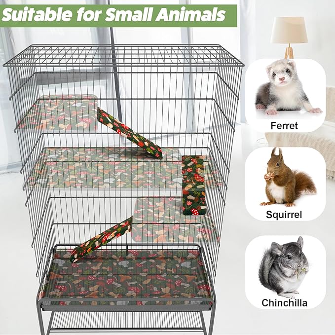 Bienbee Ferret Cage Liner Set, Waterproof Ferrets Cage Accessories for Small Animals Rats Chinchillas Hedgehogs Ferrets(Green Mushroom,Ramp Covers-3 PCS)