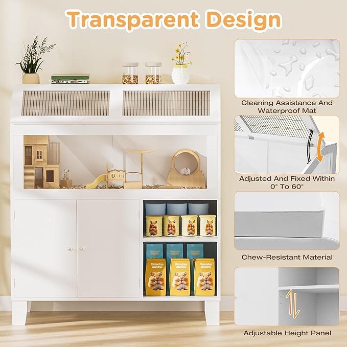 Hamster Cage with Storage Cabinet Small Animal Cage, Natural Solid Wood Large Guinea Pig Cages with Acrylic Windows for Easy Viewing, Hedgehog Cage for Gerbil,Rat, Hedgehog, Habitats, White