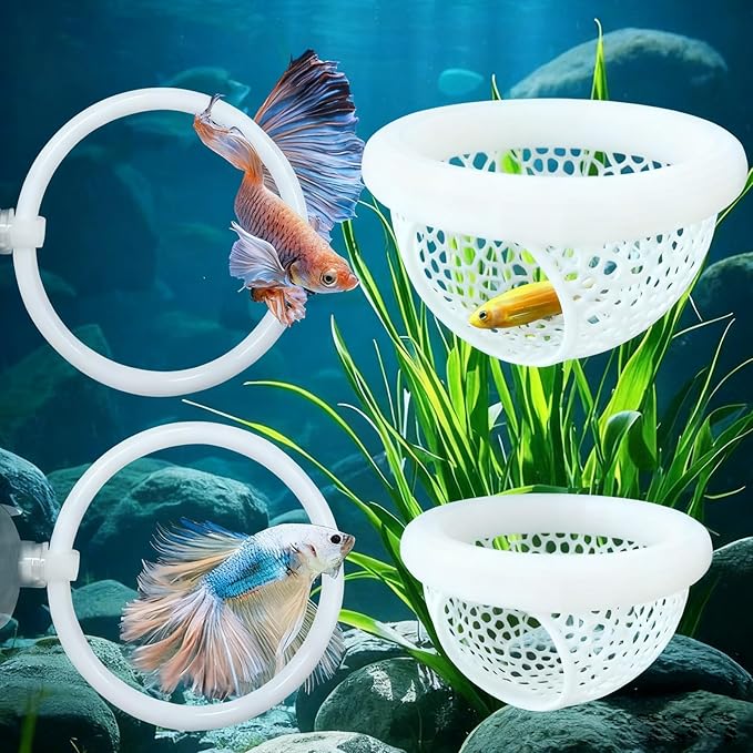 CAIJ Betta Exercise Ring & Floating Hammock Set, Aquarium Betta Fish Training and Feeding Rings, Multi-Functional Floating Resting Bed, Decorative Accessories for Small Fish Tanks White