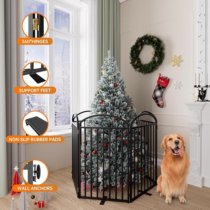 6 Panels Full Matel Freestanding Dog Gates with Door, 144"Extra Wide 36"Tall Free Standing Dog Pet Gate for Indoor & Outdoor. Foldable Pet Fences for Doorways, House, Stairs, Porch, Deck, Yard