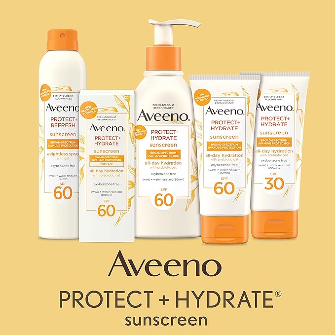 Aveeno Protect + Hydrate Moisturizing Body Sunscreen Lotion with Broad Spectrum SPF 60 & Prebiotic Oat, Weightless & Refreshing Feel, Paraben-Free, Oil-Free, Oxybenzone-Free, 3.0 fl. oz | Moisturizing, Body, Prebiotic Oat, Weightless, Refreshing Feel