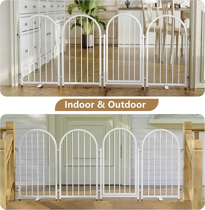 Full Metal Dog Gate with Door for Indoor Outdoor, 32" Tall Free Standing Pet Dog Fence, 72" Extra Wide Pet Gates for Stairs, Hallways, Doorways, Kitchen, Decks, Yards (White, 4 Panels)