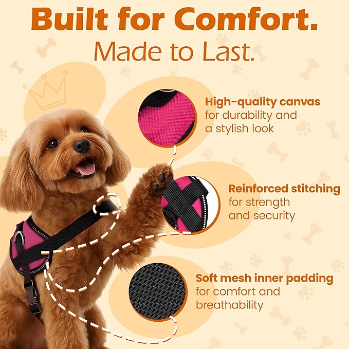 Bark Appeal Pink No-Pull Dog Harness for XS to Small Sized Pets – Adjustable, Reflective Vest with 3 Leash Clips for Added Control, Easy Walks & Training – Small