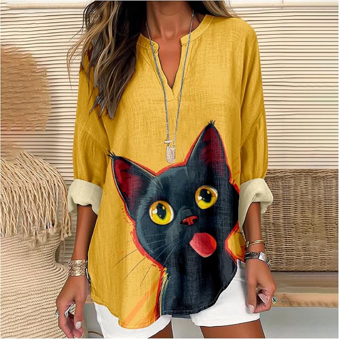 MARSVOVO Cat Shirts for Women Long Sleeve Cute Cat Pullover Graphic Novelty V Neck Blouse Oversized Funny Tunic Tops