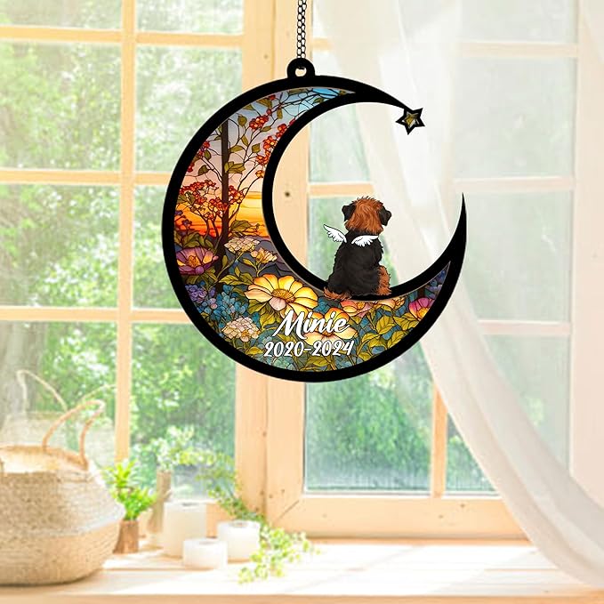 Personalized Morkie (Black Tan) Sun Catcher, Dog Memorial Gifts, Custom Morkie (Black Tan) with Wings Ornament Christmas Tree, Loss of Dog Sympathy Gift Memorial Suncatchers