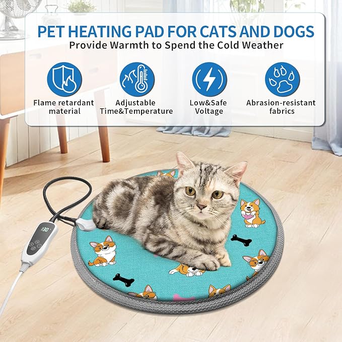 Cat Heating Pad Round-D16in Pet Heating Pads for Cats Waterproof Smart Thermostat Switch, Adjustable Heated Cat Bed,Adding Wire Rope Wires -Blue