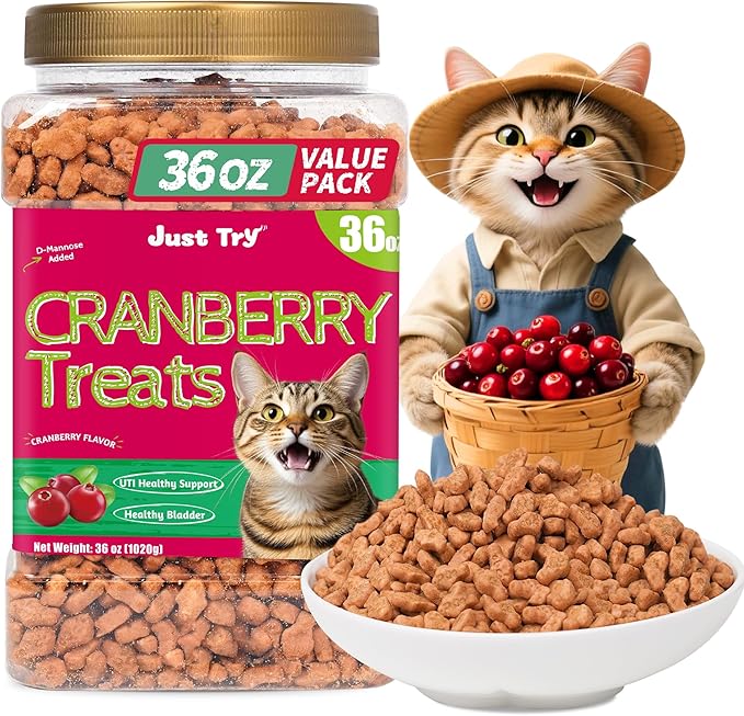 Just Try 36 OZ Urinary Tract Cat Treats for Indoor Cats Health Supplement Cranberry & D-Mannose for Kidney Bladder UT Support Salmon Flavor Crunchy Chews Cat Loves