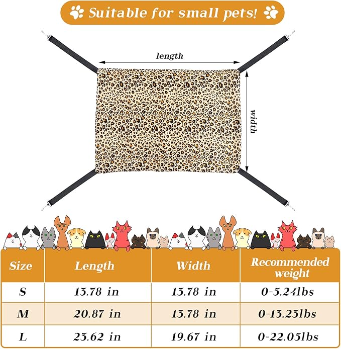 Jetec 2 Pieces Reversible Cat Hanging Hammock Soft Breathable Pet Cage Hammock with Adjustable Straps and Metal Hooks Double Sided Hanging Bed for Small Dogs Rabbits(Leopard and Dot,L)