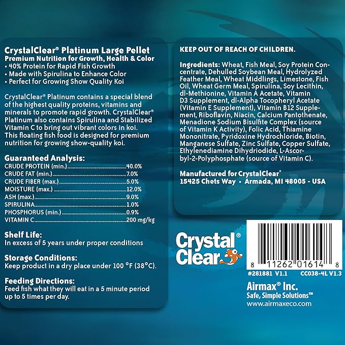 CrystalClear Platinum Fish Food, Premium Floating Pellets for Koi & Goldfish – Boost Growth, Color, and Wellness in Backyard Ponds & Water Gardens, 5mm Pellets, 4.4 Pounds