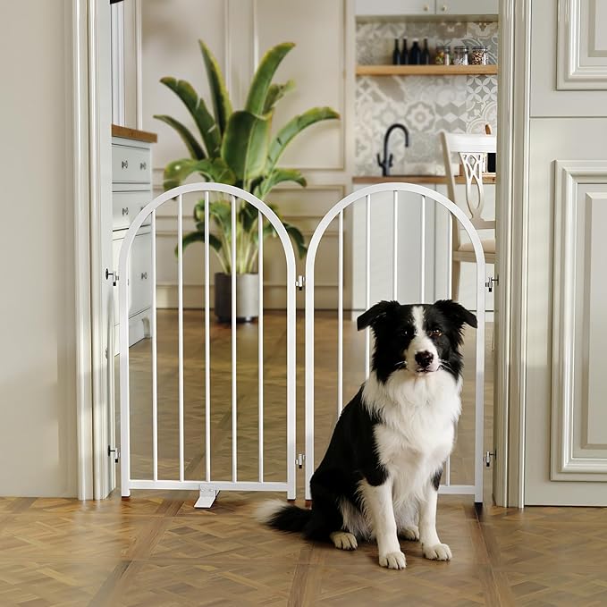 Full Metal Dog Gate for Indoor Outdoor, 32" Tall Free Standing Pet Dog Fence, 36" Wide Arched Pet Gates for Stairs, Hallways, Doorways, Kitchen, Decks, Yards (White, 2 Panels)