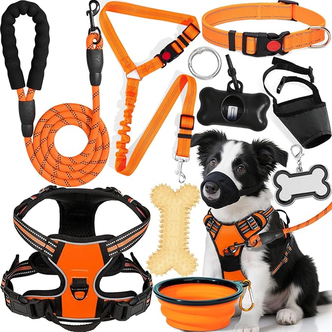No Pull Dog Harness Adjustable Collar & Leash Set - Dog Halter Harnesses Collapsible Bowls & Poop Bag Dispenser Muzzle ID Tags Toys Fits Small Medium Large Dogs (Orange-M)