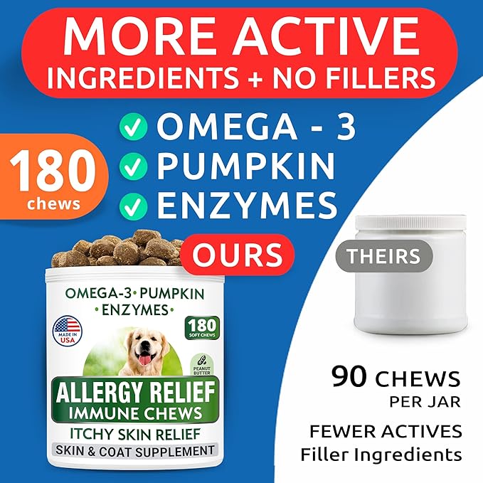 Allergy Relief + Omega 3 Bundle - Anti-Itch Skin&Coat Supplement + Skin Allergy - Omega 3 Fish Oil + EPA& DHA Fatty Acids - Itching&Paw Licking + Joint Health - 180 Chews + 180 Softgels - Made in USA