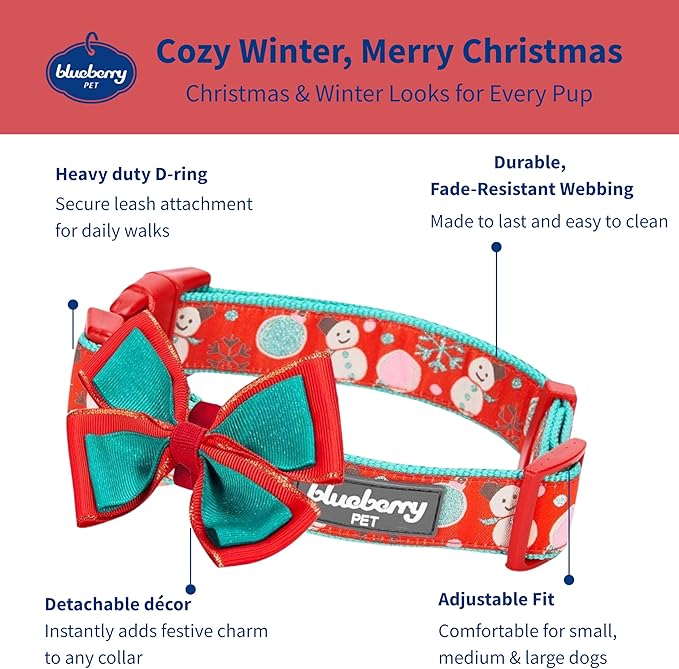 Blueberry Pet “Moments of Excitement” Christmas Snowman Adjustable Bowtie Dog Collar, X-Small, Fits 8"-11" Neck