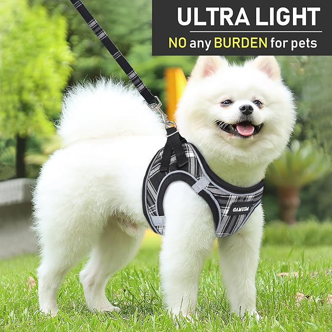 GAMUDA Small Dog Harness Collar and Leash Set, Step in No Chock No Pull Soft Mesh Adjustable Dog Vest Harnesses Plaid Reflective for Dogs Puppy Cats Kitten Rabbit (Black, M)