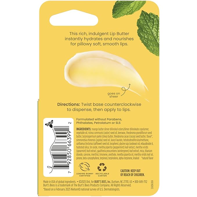 Burt's Bees Sweet Mint Lip Butter, Repairs Dry Lips, 24 Hour Hydration, Locks in Moisture, Includes Shea and Mango Butters, Antioxidant Rich Vitamin E, Convenient Twist Up Dispenser, 0.5 Oz.