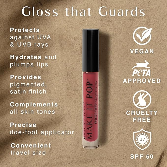 BLACK GIRL SUNSCREEN Make It Pop Sungloss for Women - SPF 50 Tinted Lip Gloss, Sunscreen Sungloss, Sun Protection for Skin, Hydrating & Moisturizing Care, Satin Finish - Cherry Noir, 0.13 fl oz