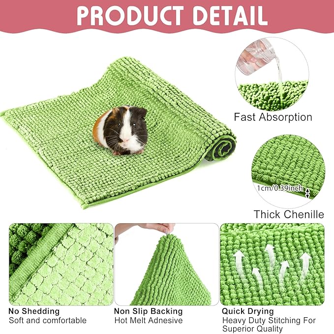 Amylove 4 Pcs Guinea Pig Cage Liner Guinea Pig Bedding Dog Door Mat for Muddy Pet Paws Washable Chenille Pee Pads Small Animal Sleeping Bed for Bunny Hamster(16 x 24 Inch,Rectangular,Green Pink)