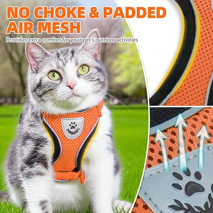 PUPTECK Cat Harness and Leash Set Escape Proof Reflective Cat Walking Harness Adjustable Soft Breathable Mesh Vest for Small Pets, Orange, S