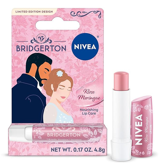 NIVEA Rose Meringue Lip Balm, Nourishing Lip Care, Bridgerton Limited Edition Moisturizing Lip Balm with Shea Butter, 3-in-1 Moisture, Repair and Nourish, 0.17 Oz Stick