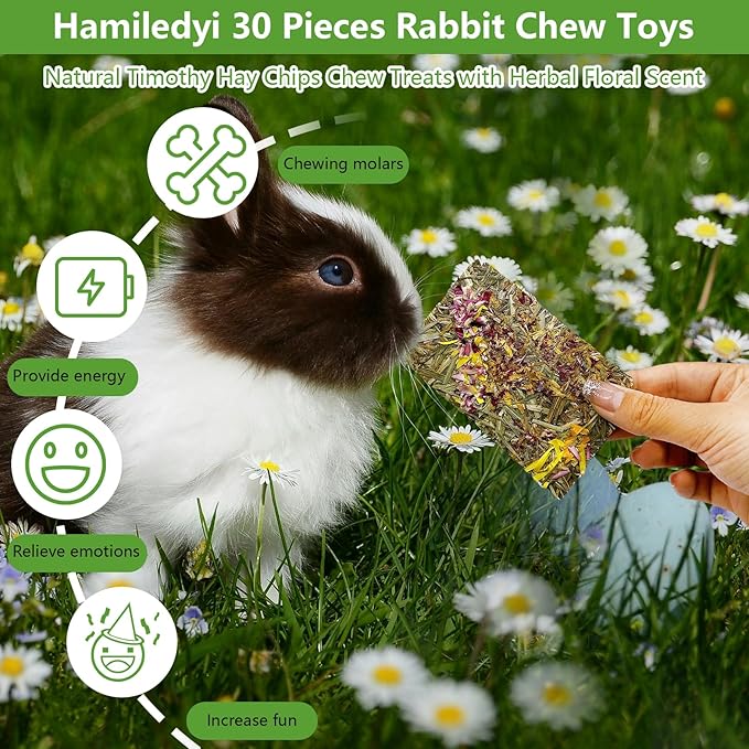 Hamiledyi Rabbit Chew Toys 30 Pieces Natural Timothy Hay Chips Bunny Molar Treats with Herbal Floral Scent for Guinea Pig Chinchilla Hamster
