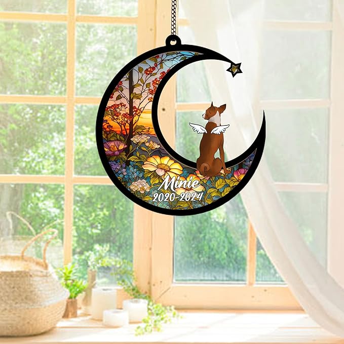 Personalized Basenji (Brown) Sun Catcher, Dog Memorial Gifts, Custom Basenji (Brown) with Wings Ornament Christmas Tree, Loss of Dog Sympathy Gift Memorial Suncatchers