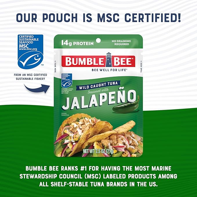 Bumble Bee Jalapeno Seasoned Tuna, 2.5 oz Pouch - Ready to Eat - Wild Caught Tuna Packet - 14g Protein per Serving - Gluten Free (Pack of 4)