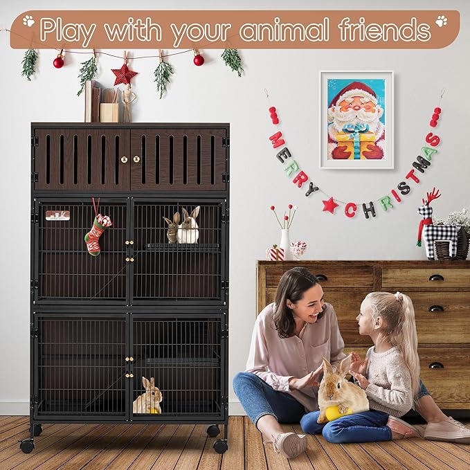 HABUTWAY 50''H Metal Large Ferret Cage, Rolling Chinchilla Cage with Removable Ramps& Double Door, Critter Nation with Locker, Small Animal Cage Indoor Wooden Pet Crate Furniture