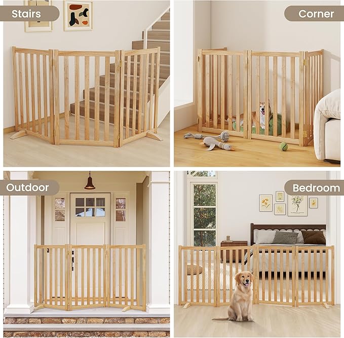 Wire Dog Gate Solid Wood Frame, Anti-Chewing, 3-Panel, 30" Height, 60" Width, Indoor Freestanding Pet Gate Foldable Wooden Dog Fences for Stairs, House, Doorway, Natural