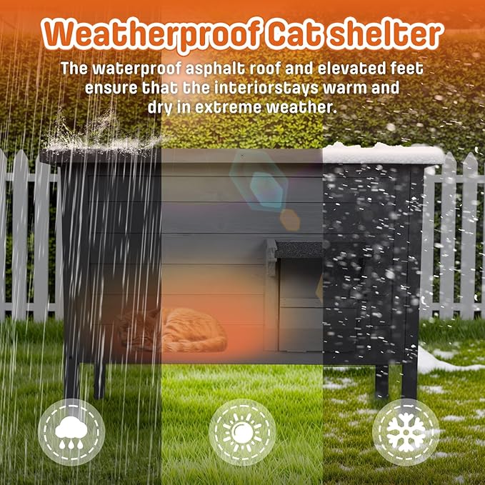 BRIOPAWS Outdoor-Cat-House-Insulated | Feral-Cat-Shelter for Winter | Weatherproof | Large Wooden Pet House for Multiple Cats | Foldable Ladder | Acrylic Side Window | Black