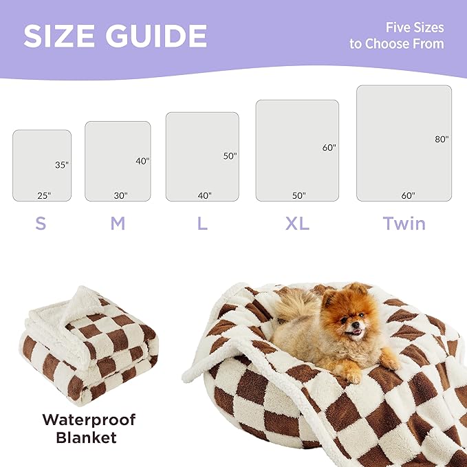 LE SURE Waterproof Dog Blanket for Large Dogs - Washable Double Sided Dog Blankets with Warm Jacquard Shag and Soft Sherpa Fleece, Pet Cat Blanket for Couch Protection, 3D Textured Checks, Brown
