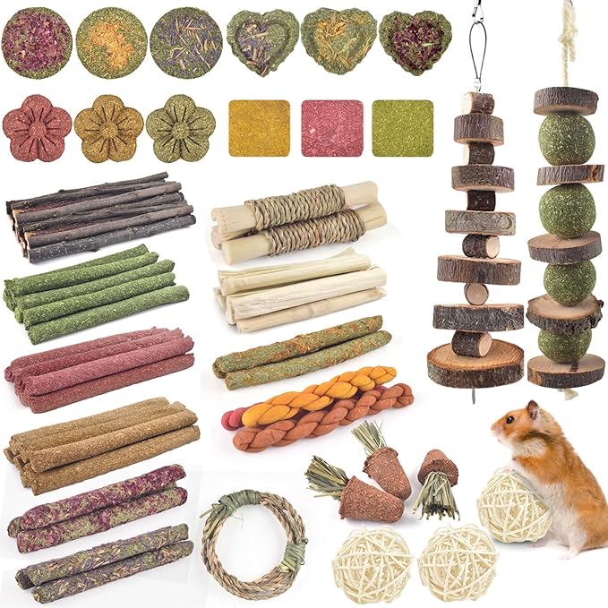 ERKOON Bunny Toys Boredom, 100 PCS Bunnies Timothy Hay Sticks Carrots Rose Grass Cake Dental Care, Molar, Chinchillas Toy Chew Toy, Guinea Pigs, Hamsters, Chinchilla, Rabbit Chew Toys for Teeth