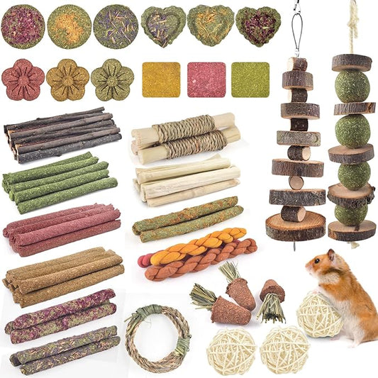 ERKOON Bunny Toys Boredom, 100 PCS Bunnies Timothy Hay Sticks Carrots Rose Grass Cake Dental Care, Molar, Chinchillas Toy Chew Toy, Guinea Pigs, Hamsters, Chinchilla, Rabbit Chew Toys for Teeth
