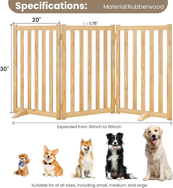 Wire Dog Gate Solid Wood Frame, Anti-Chewing, 3-Panel, 30" Height, 60" Width, Indoor Freestanding Pet Gate Foldable Wooden Dog Fences for Stairs, House, Doorway, Natural
