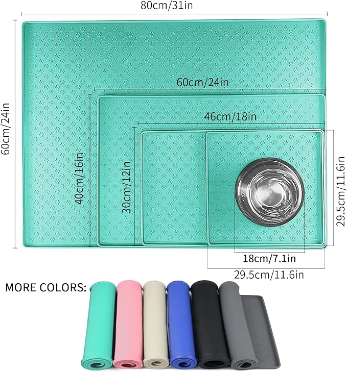 Ptlom Silicone Pet Placemat for Dog and Cat, Waterproof Non-Slip Pet Feeding Bowl Mats for Food and Water, Small Medium Large Dogs Mat Prevent Residues from Spilling to Floor, Green, 24.5" 16.5"