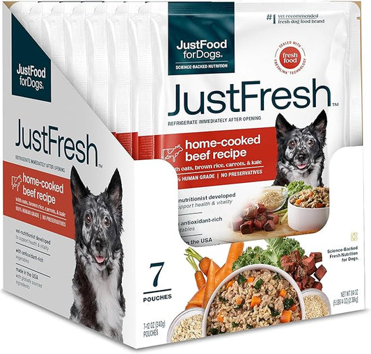 JustFoodForDogs JustFresh Wet Dog Food, Fresh Pet Meals and Toppers with No Preservatives, Resealable Package, Human Grade, Home-Cooked Beef, 12 oz - 7 Pack