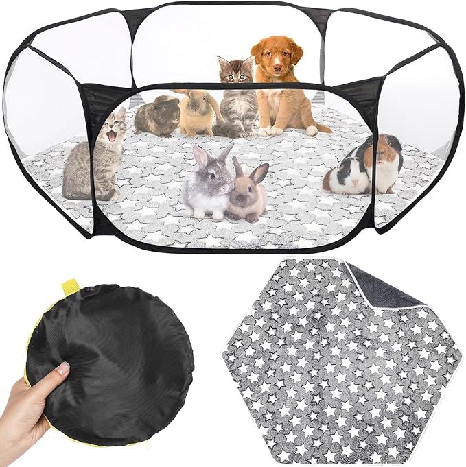 VitalCozy Hamster Playpen with Mat Small Animal Cage Tent Breathable Transparent Guinea Pig Playpen Waterproof Portable Yard Fence Mat Foldable Exercise Playpen Outdoor Indoor (Black,Star)